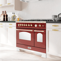 Fogão Lofra Vintage Dolcevita vinho com 7 bocas e forno elétrico duplo em ambiente moderno de cozinha.