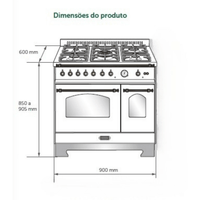 Imagem técnica do Fogão Lofra Vintage Dolcevita com dimensões detalhadas em mm.