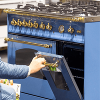 Fogão Lofra Vintage Dolcevita 5 Bocas Lavanda com forno elétrico aberto e queimadores a gás.