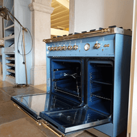 Fogão Lofra Vintage Dolcevita lavanda 5 bocas com forno elétrico duplo aberto, design elegante e moderno.