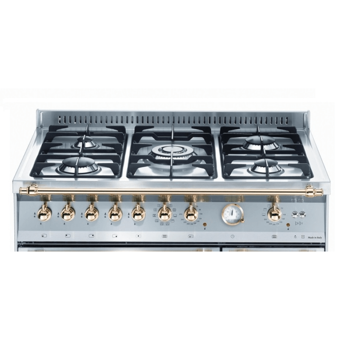 Fogão Lofra vintage 5 bocas com queimadores a gás e acabamentos em inox, ideal para cozinhas modernas.
