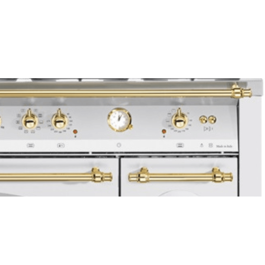 Painel de controle do Fogão Lofra Vintage Dolcevita com botões em dourado e mostrador de temperatura.