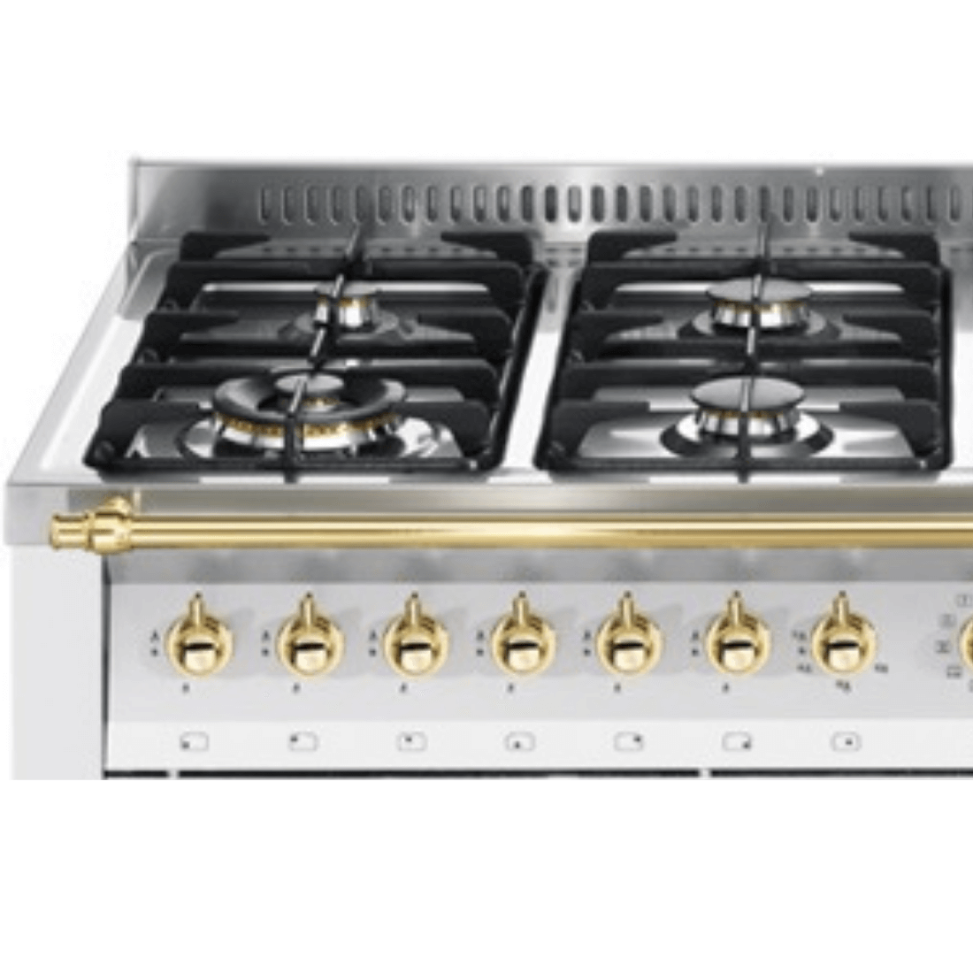 Fogão Lofra Vintage Dolcevita com 7 queimadores a gás em acabamento elegante branco e detalhes em dourado.
