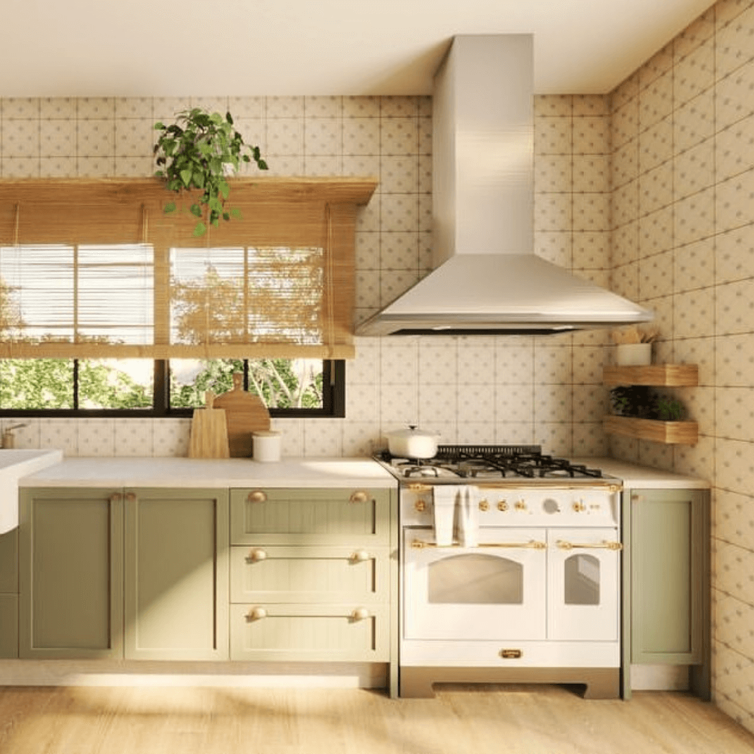 Cozinha decorada com fogão Lofra Vintage Dolcevita, armários verdes, e luz natural entrando pela janela.
