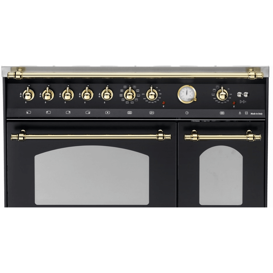 Fogão Lofra Vintage Dolcevita 5 bocas, forno elétrico duplo preto com acabamento em dourado.