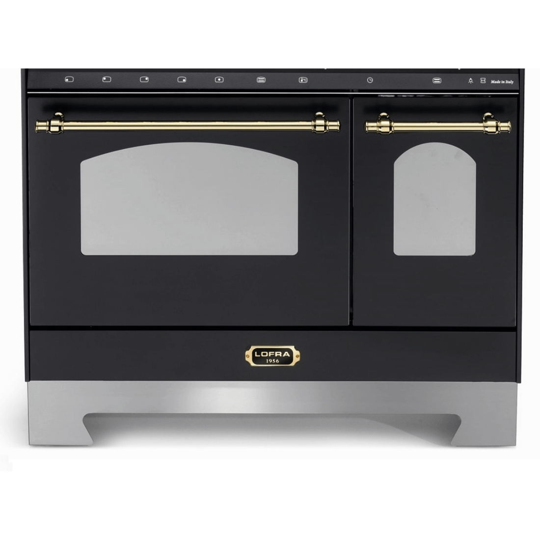 Fogão Lofra Vintage Dolcevita 5 bocas, forno elétrico duplo, preto fosco com detalhes em ouro.