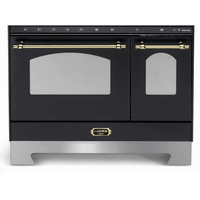 Fogão Lofra Vintage Dolcevita 5 bocas, forno elétrico duplo, preto fosco com detalhes em ouro.