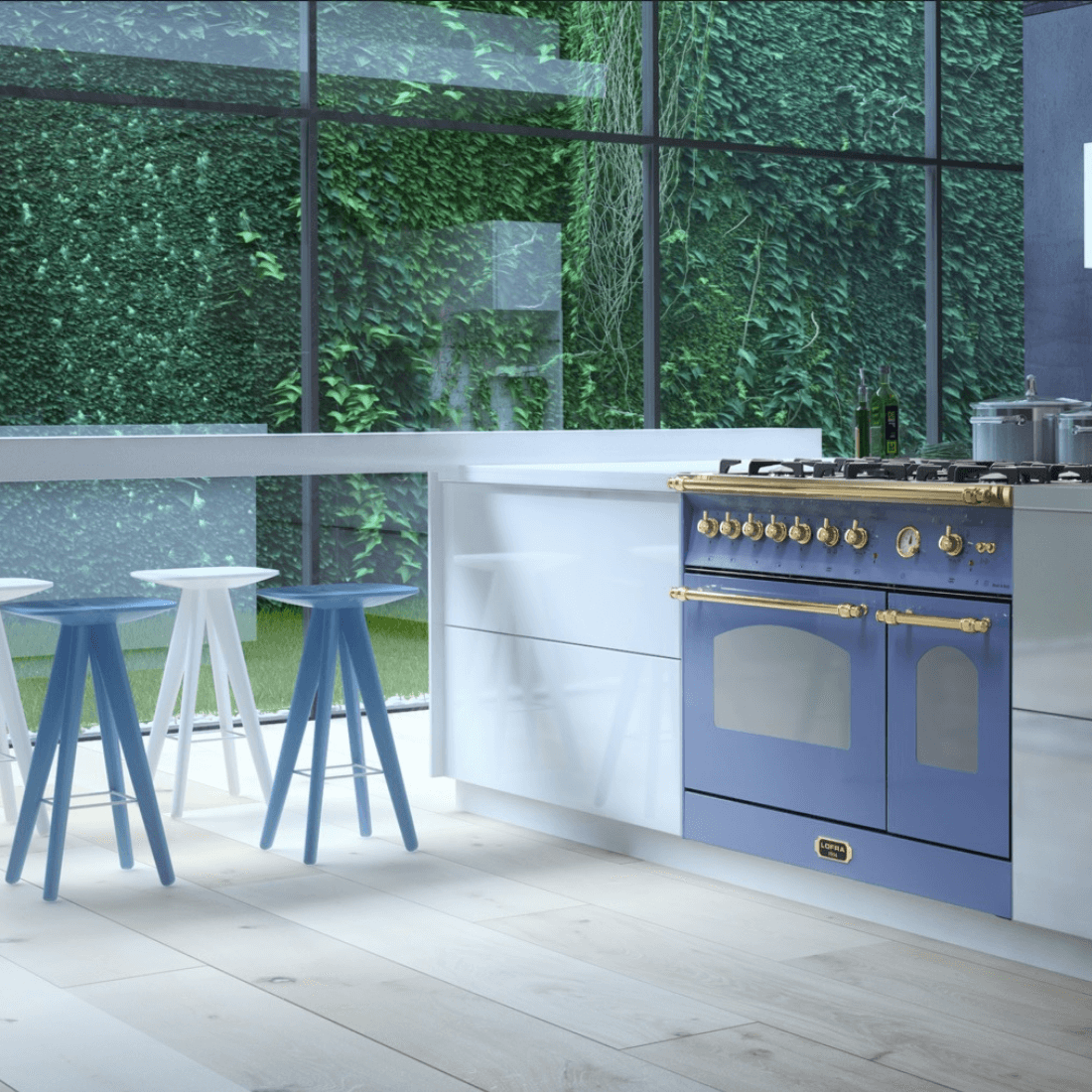 Fogão Lofra Vintage Dolcevita 5 bocas lavanda em cozinha moderna com vista verde.