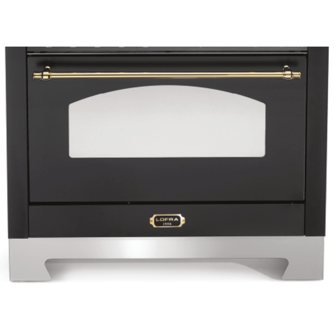 Forno Lofra Vintage Dolcevita preto com detalhe em inox e vidro, ideal para cozinhas contemporâneas.