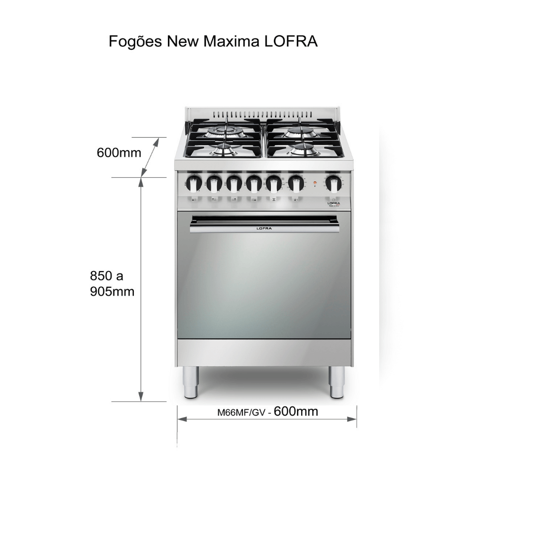 Fogão Lofra New Maxima, 4 bocas, inox 60cm, forno a gás ventilado, medidas de 600mm x 850 a 905mm.