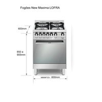 Fogão Lofra New Maxima, 4 bocas, inox 60cm, forno a gás ventilado, medidas de 600mm x 850 a 905mm.