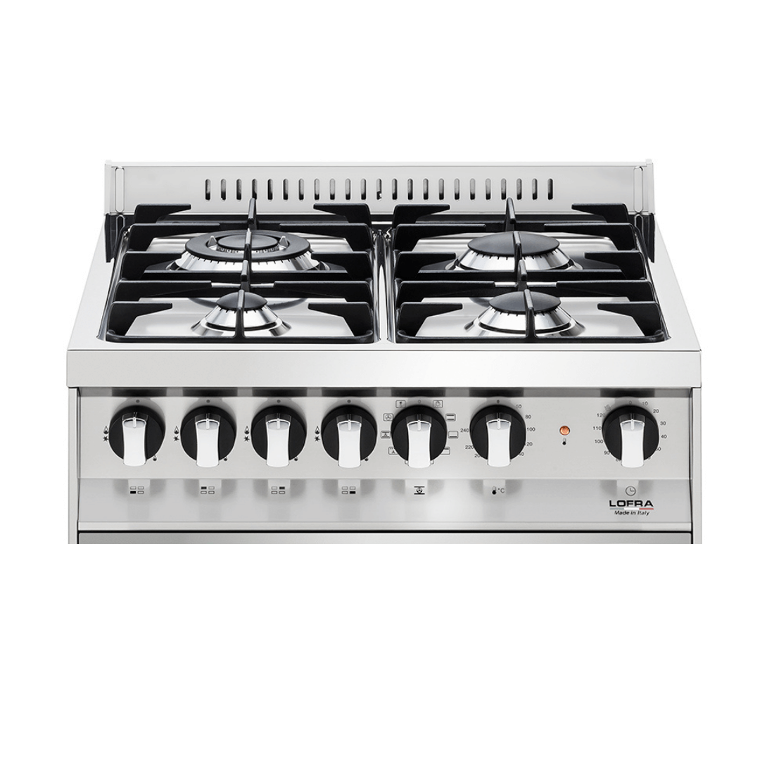 Fogão Lofra New Maxima 4 bocas gás inox 60cm com queimadores profissionais e controle de temperatura.