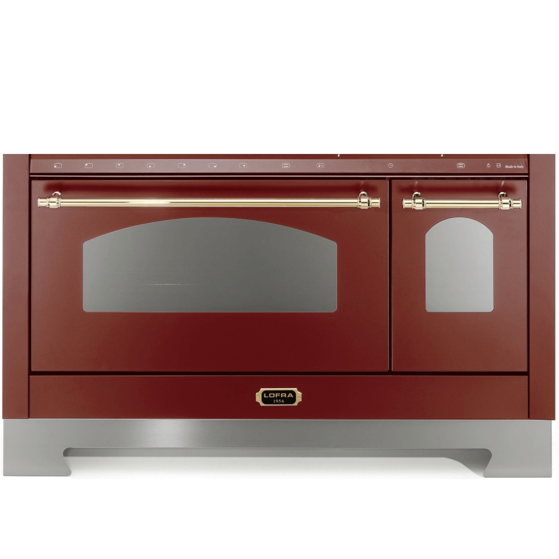 Fogão Lofra Vintage Dolcevita 7 bocas cor vinho com forno elétrico duplo e design elegante.