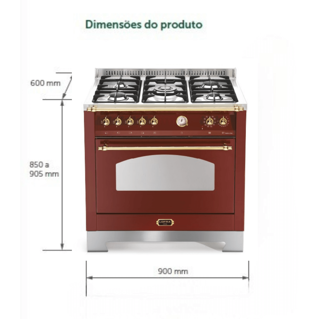 Fogão Lofra Vintage Dolcevita 5 bocas na cor vinho, dimensões de 900mm de largura e 850 a 905mm de altura.