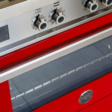 Fogão Bertazzoni Professional Vermelho 90cm 6 Bocas Forno Elétrico 108L — fogão profissional de piso vermelho inox, painel com botões, puxador e vidro do forno