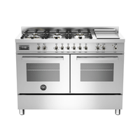Fogão Bertazzoni Professional Inox 120cm 6 Bocas Forno Duplo 138L: fogão profissional de piso inox escovado 6 bocas com forno duplo elétrico e grelhas em ferro