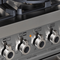 Fogão Bertazzoni Professional Amarelo 120cm 6 Bocas Forno Duplo 138L — painel inox com botões robustos, acabamento escovado e trempes em ferro fundido