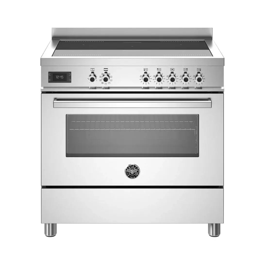Fogão Bertazzoni Professional Indução 90cm 5 Zonas com Forno Elétrico — fogão profissional inox de piso 90cm com painel, 5 zonas de indução e puxador robusto