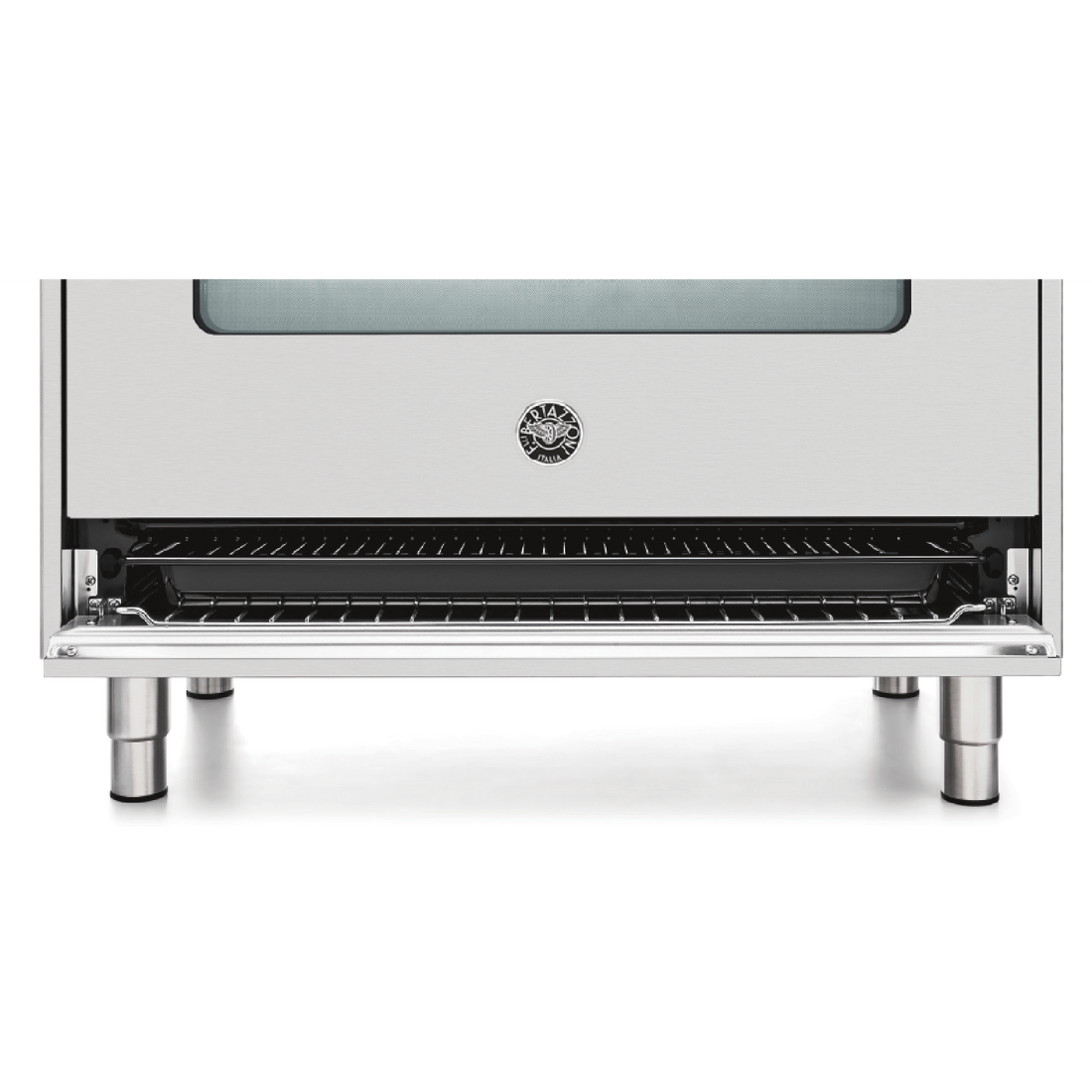 Fogão Bertazzoni Professional Inox 90cm 5 Bocas Forno Elétrico 142L: detalhe frontal inox do forno elétrico aberto com grelha e pés em aço, fogão profissional