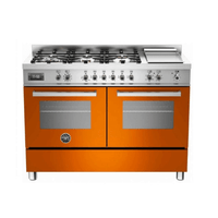 Fogão Bertazzoni Professional Laranja 120cm 6 Bocas Forno Duplo 138L — fogão de piso italiano laranja em inox com 6 bocas, forno elétrico duplo e trempes em ferro fundido