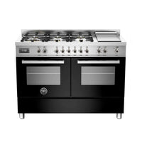 Fogão Bertazzoni Professional Preto 120cm 6 Bocas Forno Duplo 138L: fogão profissional de piso preto inox com 6 bocas, forno duplo elétrico e grelhas ferro fundido