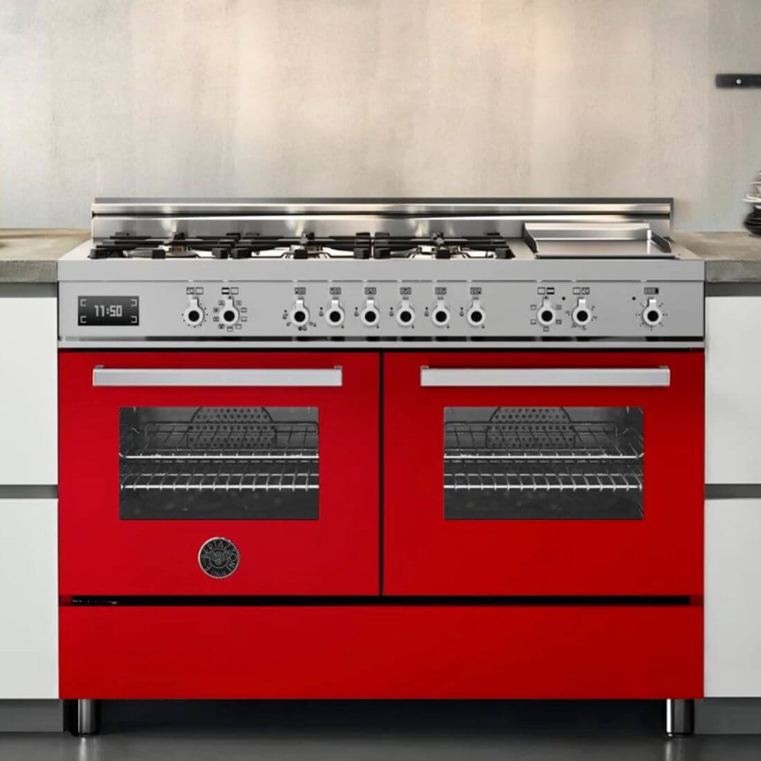 Fogão Bertazzoni Professional Vermelho 120cm 6 Bocas Forno Duplo 138L - fogão de piso italiano vermelho inox, 6 bocas, forno duplo elétrico, grelhas ferro fundido, painel cromado