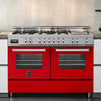Fogão Bertazzoni Professional Vermelho 120cm 6 Bocas Forno Duplo 138L - fogão de piso italiano vermelho inox, 6 bocas, forno duplo elétrico, grelhas ferro fundido, painel cromado