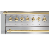 Fogão Lofra Dolcevita Inox 120cm 7 Bocas Forno Elétrico Duplo 124L - painel inox com sete manípulos dourados, puxadores tubulares e design profissional