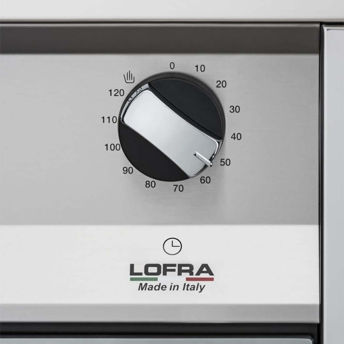Fogão Lofra New Maxima Inox 60cm 4 Bocas Forno a Gás 72L painel inox com botão timer cromado e marca Lofra visível, fogão de embutir