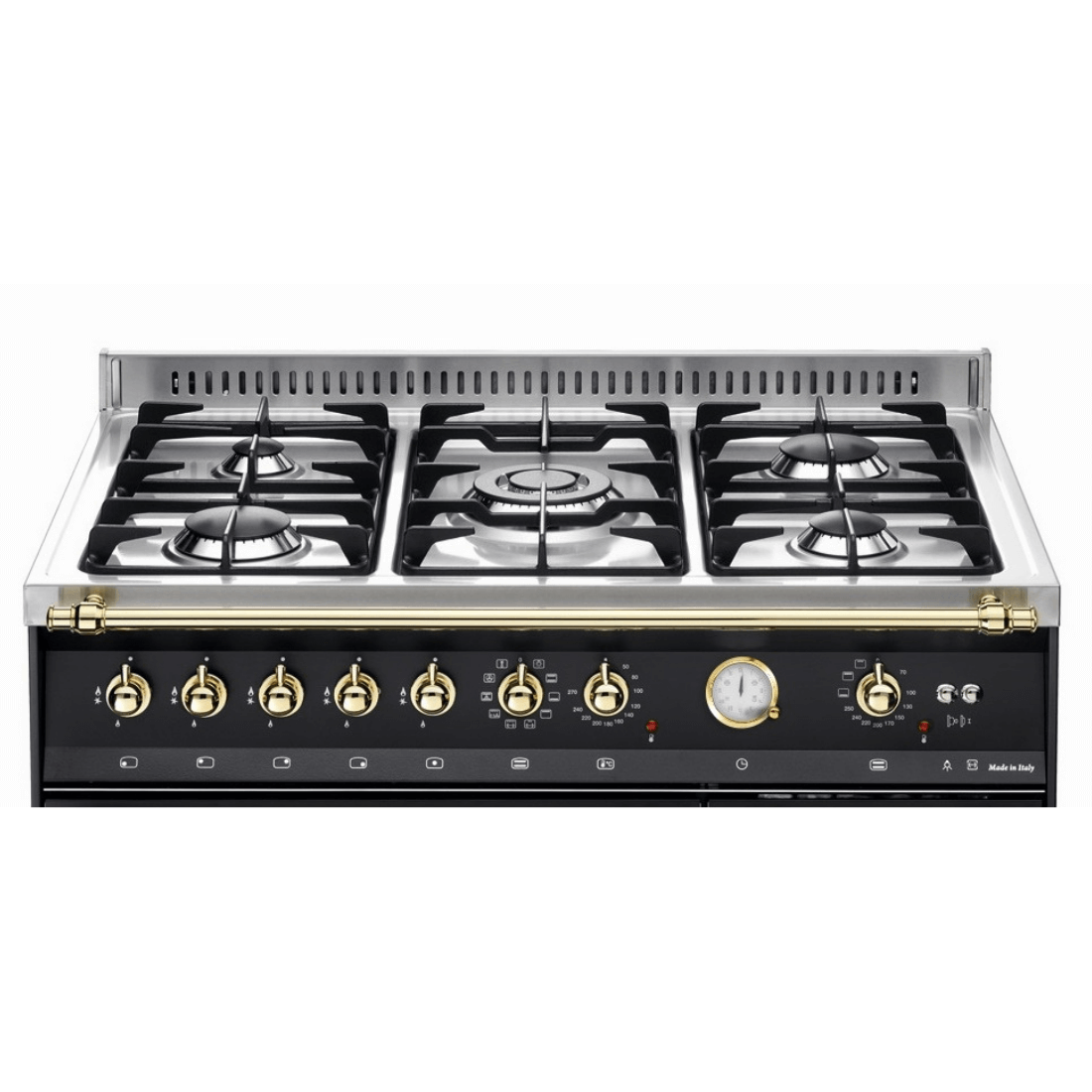 Fogão Lofra Dolcevita Preto 90cm 5 Bocas Forno Duplo Elétrico 106L — fogão de piso preto fosco com 5 queimadores Sabaf, grelhas ferro fundido e painel com puxadores dourados