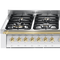 Fogão Lofra Dolcevita Branco 120cm 7 Bocas Forno Elétrico Duplo 124L em inox branco de piso com 7 queimadores Sabaf, botões e puxador dourados