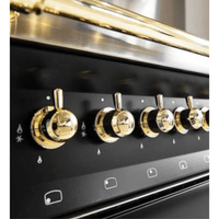 Fogão Lofra Dolcevita Preto 90cm 5 Bocas Forno Elétrico 102 Litros — painel preto fosco com botões dourados, puxadores e controle do forno