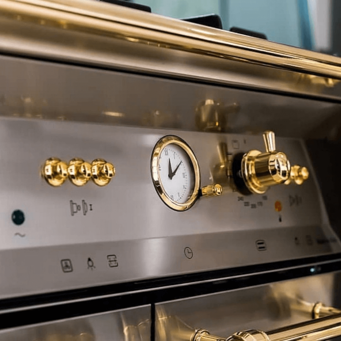 Fogão Lofra Dolcevita Inox 90cm 5 Bocas Forno Duplo Elétrico 106L - painel inox com botões e mostrador analógico dourados, estilo profissional