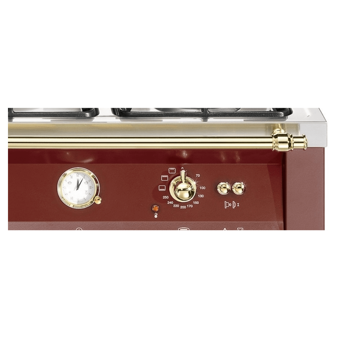 Fogão Lofra Dolcevita Vinho 120cm 7 Bocas Forno Elétrico Duplo 124L de piso em vinho com painel frontal, botões dourados e puxador clássico