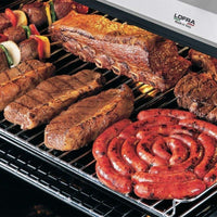 Fogão Lofra New Maxima Inox 90cm 5 Bocas Forno a Gás 102L fogão de piso inox com grelhas cromadas e carnes assando no forno a gás