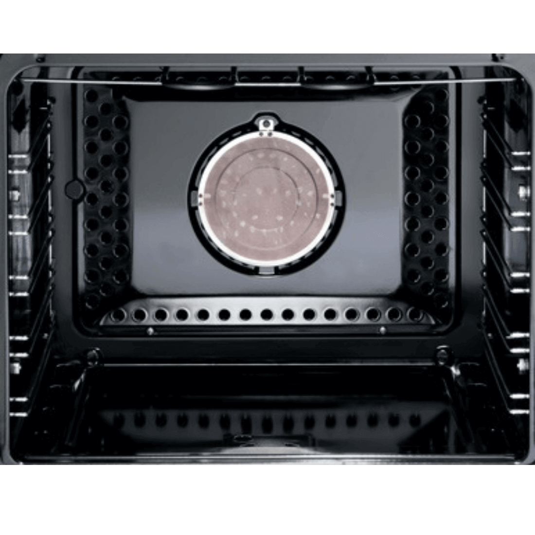 Fogão Lofra New Maxima Inox 60cm 4 Bocas Forno a Gás 72L mostrando interior do forno a gás inox polido com ventilador circular e prateleiras laterais