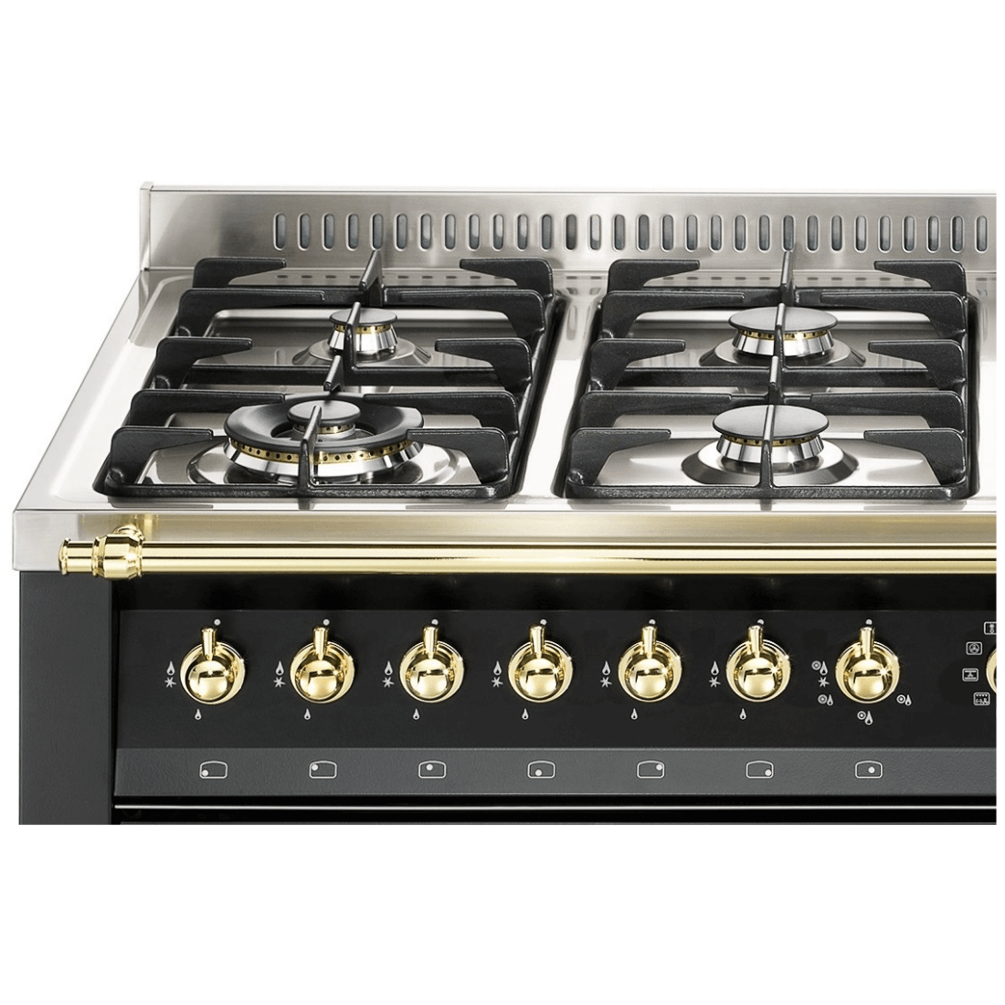 Fogão Lofra Dolcevita Preto 120cm 7 Bocas Forno Elétrico Duplo 124L: fogão de piso preto com 7 queimadores Sabaf, botões dourados e grelhas em ferro fundido