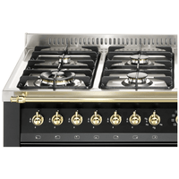 Fogão Lofra Dolcevita Preto 120cm 7 Bocas Forno Elétrico Duplo 124L: fogão de piso preto com 7 queimadores Sabaf, botões dourados e grelhas em ferro fundido