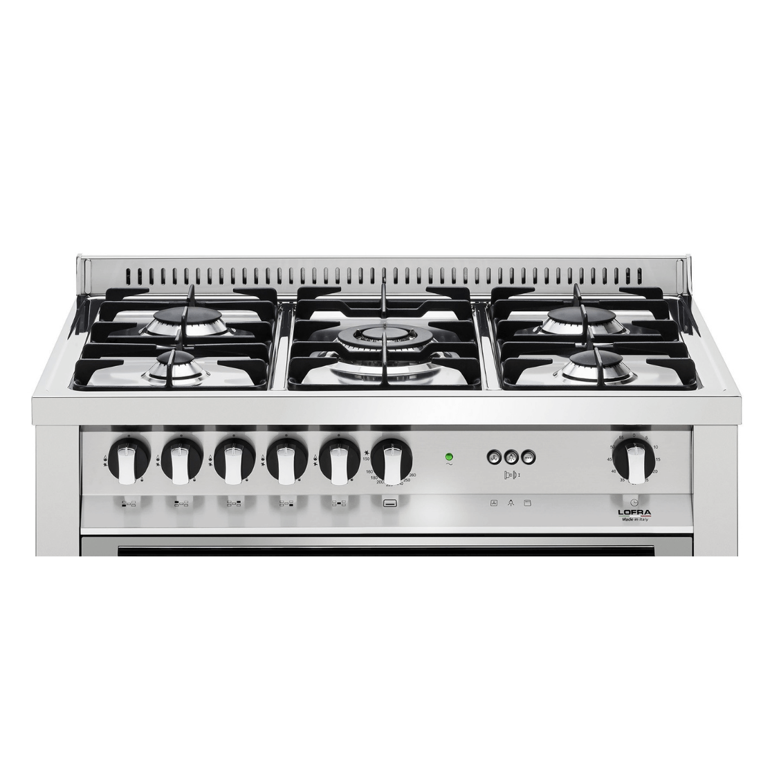 Fogão Lofra New Maxima Inox 90cm 5 Bocas Forno a Gás 102L – fogão de piso inox polido 5 bocas com trempes de ferro e painel com botões frontais