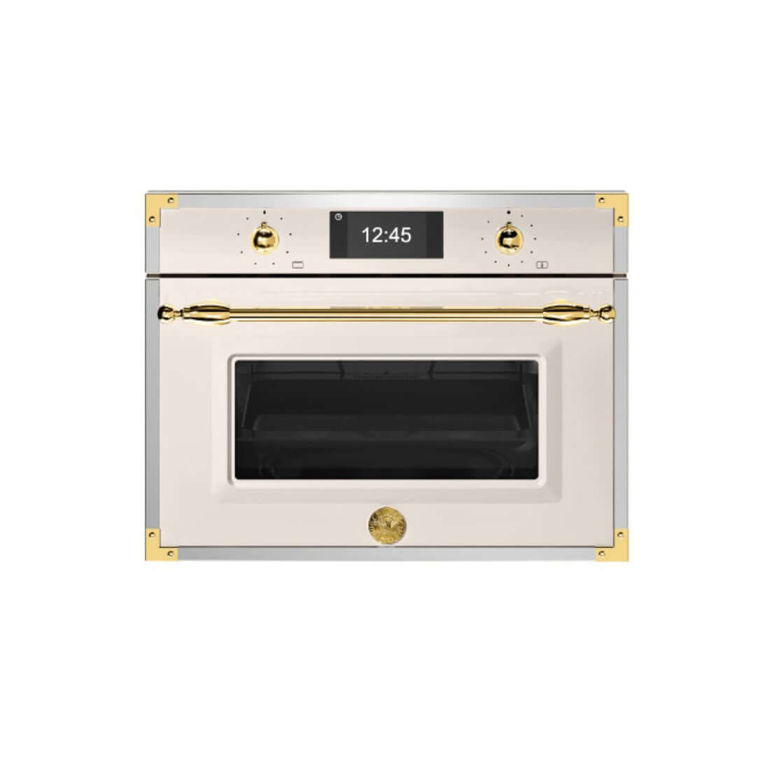Forno Bertazzoni Heritage Combinado micro-ondas 40L Marfim 60cm em aço inox fabricado na Itália com detalhes dourados