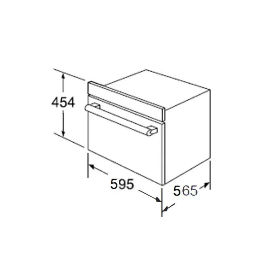 Forno CrissAir Combinado com Micro-ondas 52 Litros Inox 60cm: desenho técnico do forno de embutir inox com porta de vidro e dimensões frontais