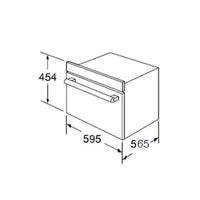 Forno CrissAir Combinado com Micro-ondas 52 Litros Inox 60cm: desenho técnico do forno de embutir inox com porta de vidro e dimensões frontais