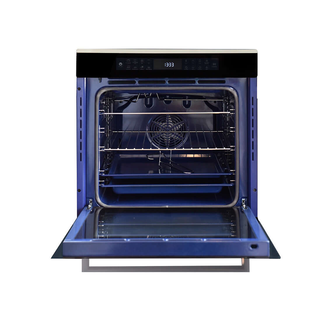 Forno Elétrico Cuisinart Arkton 83 Litros Inox 60cm de embutir aberto em inox com interior azul, painel digital e porta de vidro drop down