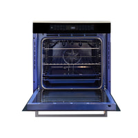 Forno Elétrico Cuisinart Arkton 83 Litros Inox 60cm de embutir aberto em inox com interior azul, painel digital e porta de vidro drop down