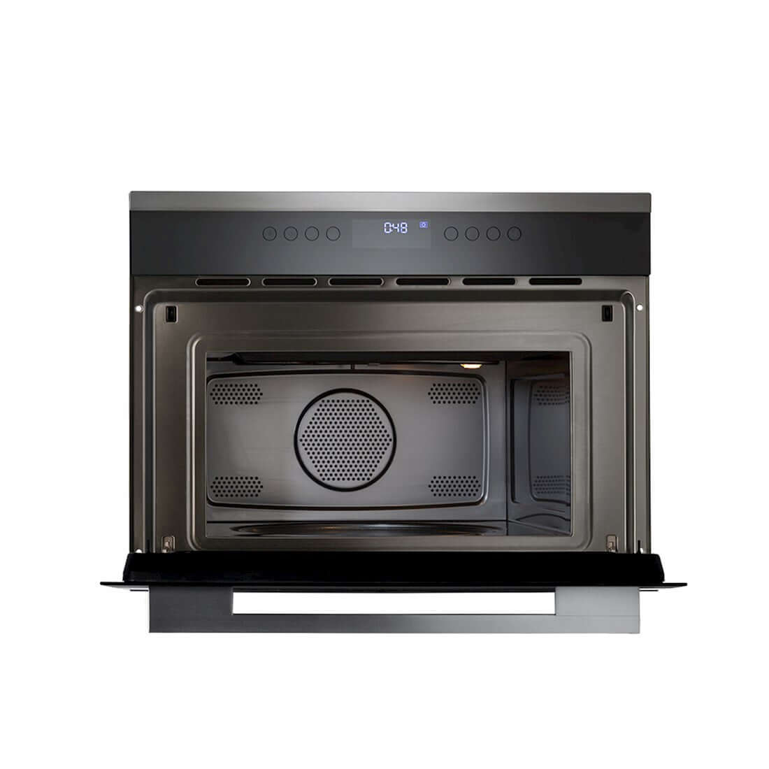 Forno Cuisinart Prime Combinado com Micro-ondas  Inox 60cm 35 Litros mostrando interior inox com porta de vidro triplo, painel touch digital e instalação de embutir