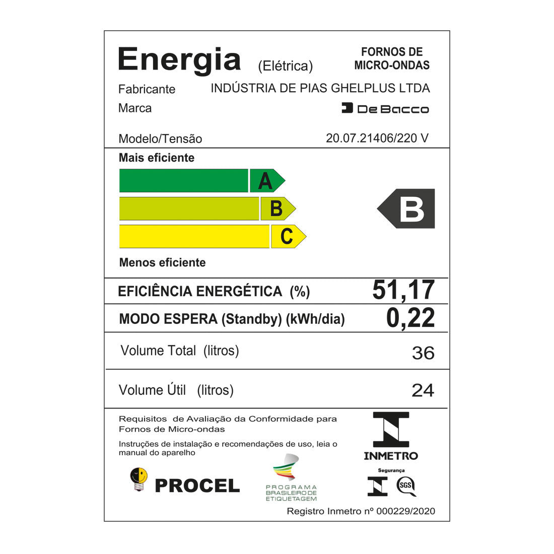 Forno Debacco Montreal Combinado com Micro-ondas 35 Litros 60cm etiqueta de eficiência energética INMETRO mostrando classe B e consumo