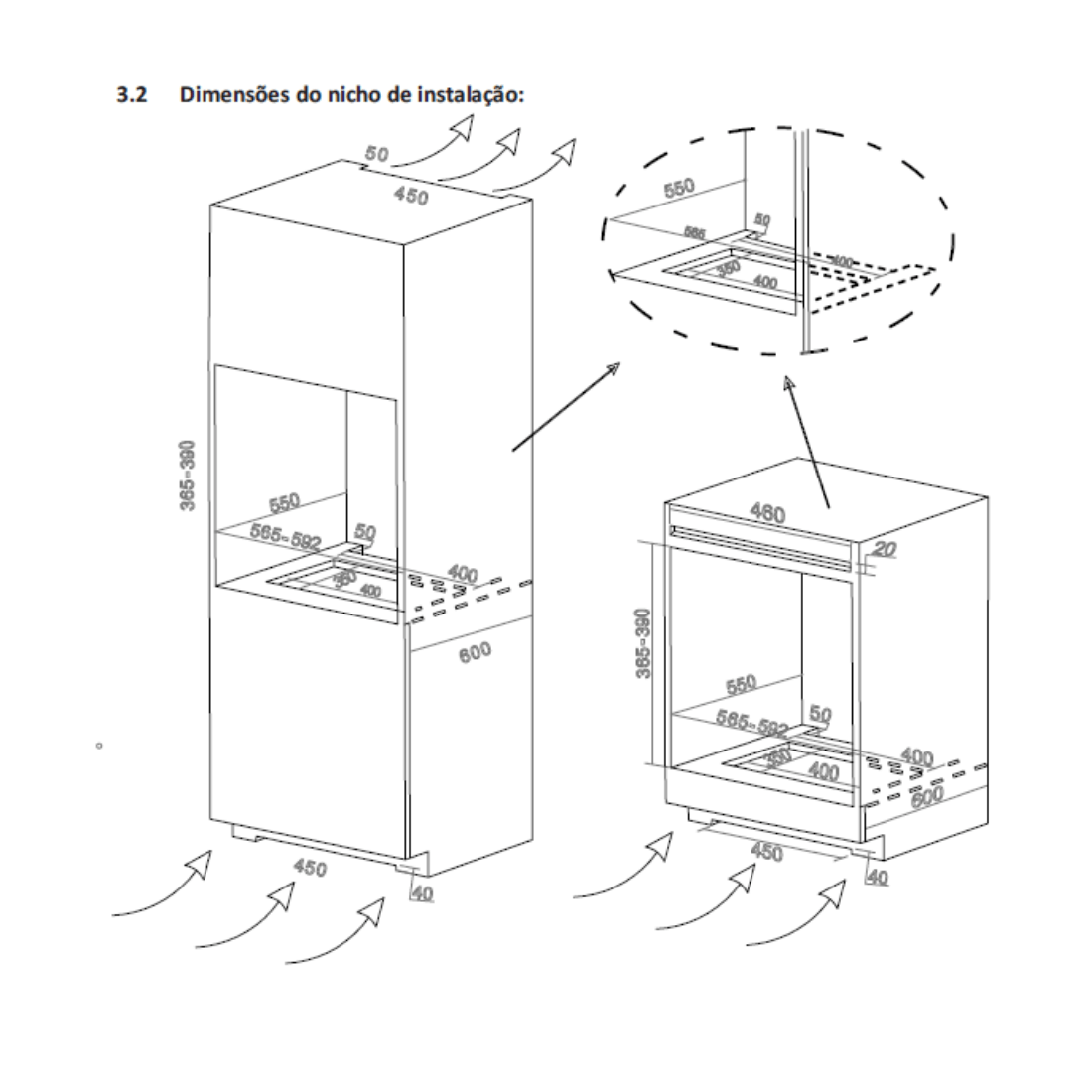 Torre Quente Debacco Zurique Inox 60cm l Forno e Micro mostrando dimensões do nicho de embutir para forno combinado com micro-ondas e ventilação