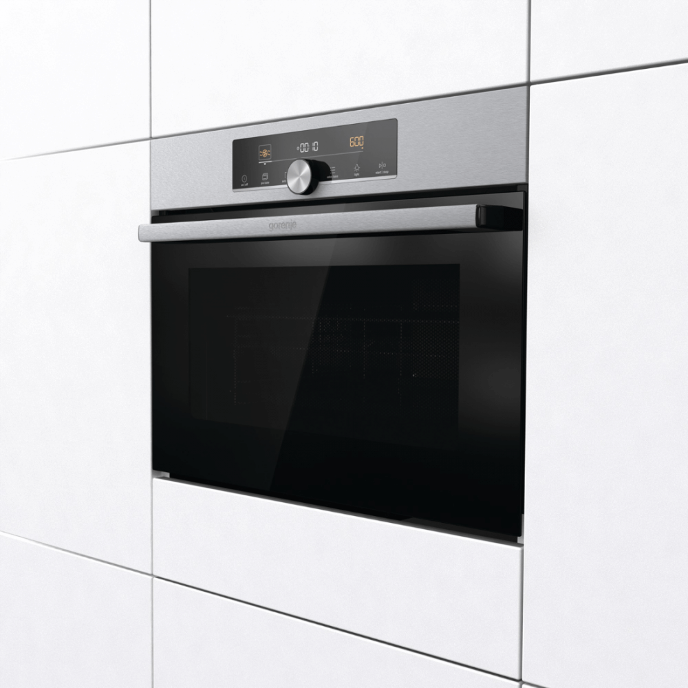 Forno Gorenje Combinado com Micro-ondas 50 Litros Inox 60cm - forno combinado de embutir inox com painel digital, porta de vidro escuro e puxador cromado