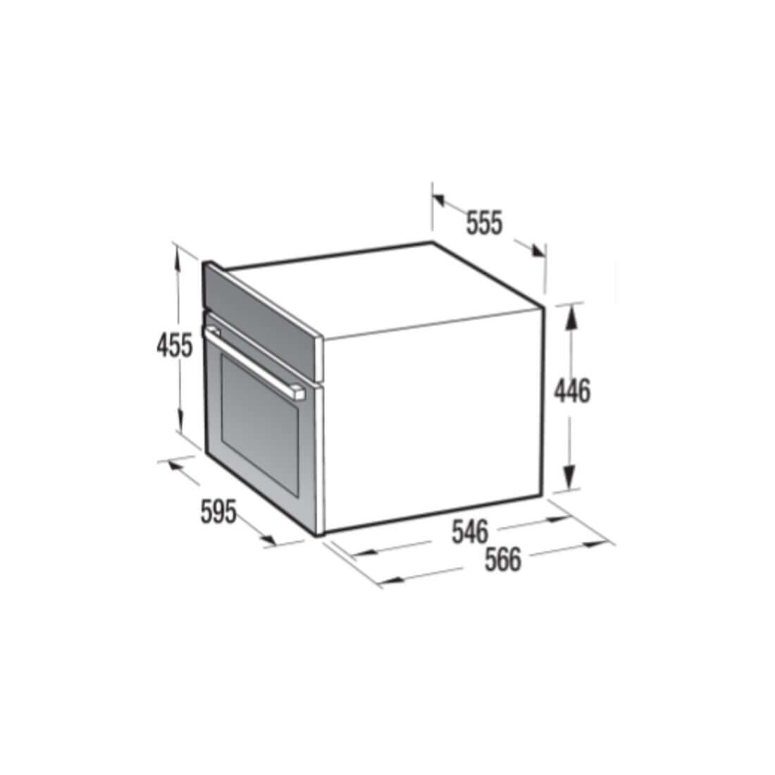 Forno Gorenje Combinado com Micro-ondas 50 Litros Inox 60cm desenhado com medidas, inox e porta de vidro para embutir, painel frontal e alça