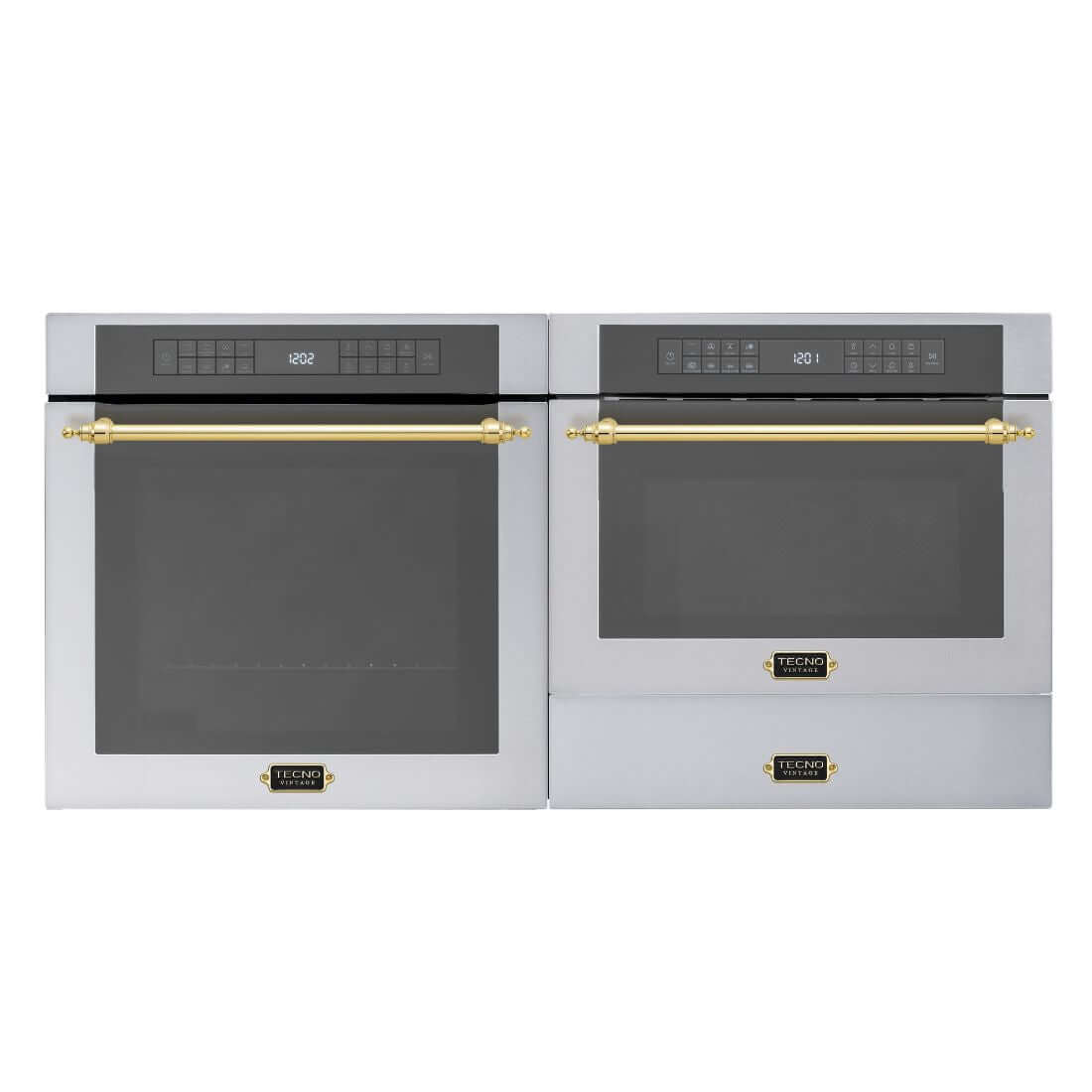 Torre Quente Tecno Vintage Inox 60cm | Forno, Micro e Gaveta - Torre com forno combinado 38L e micro-ondas embutido em inox, puxadores dourados